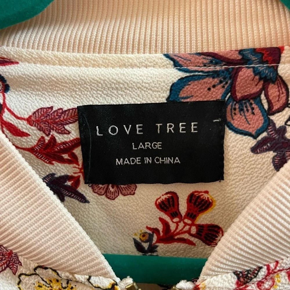 Love Tree Black Pink Floral Zip Up Jacket Womens Large Long Sleeve Pockets